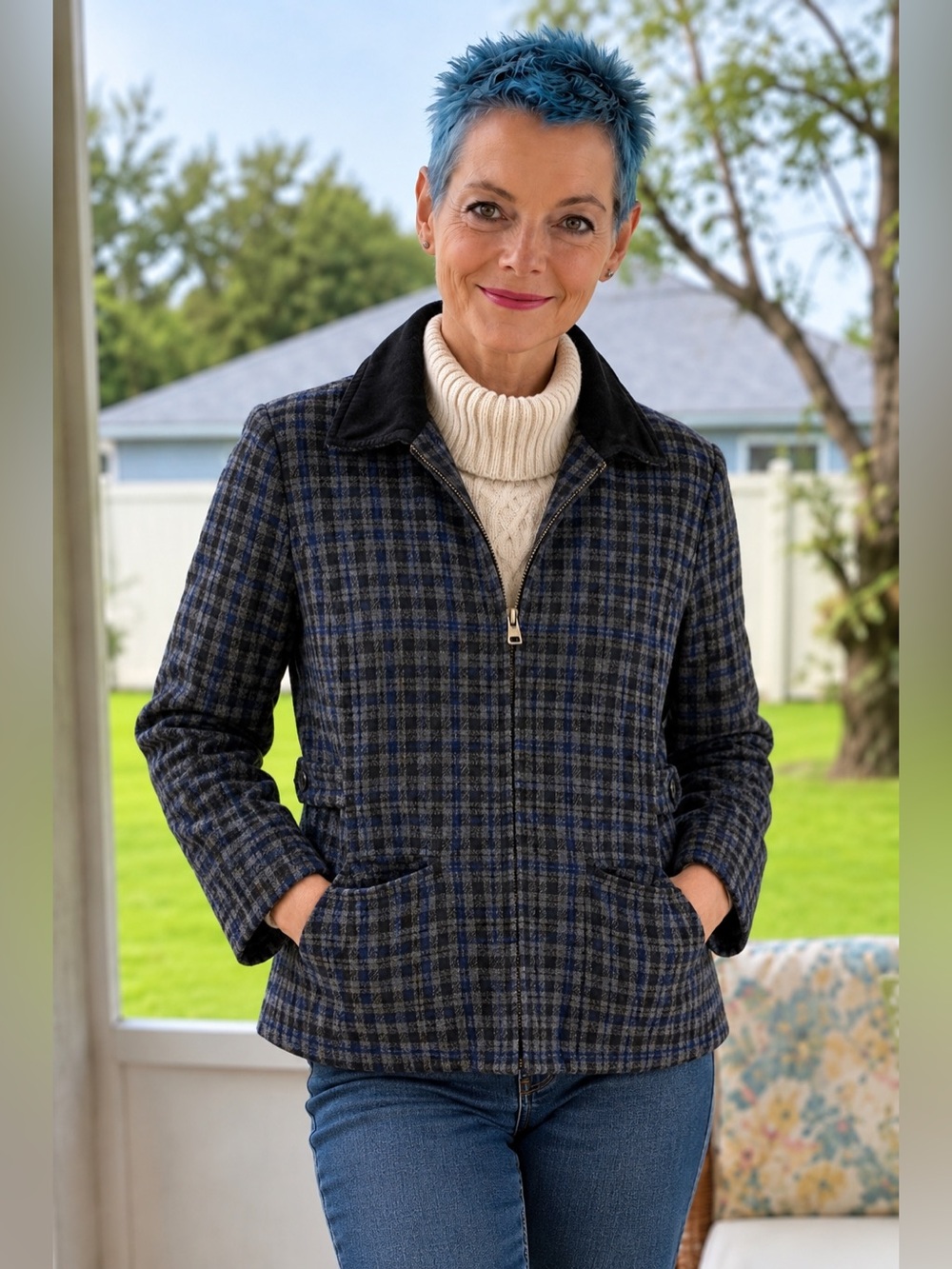 Vintage Marsh Landing Petite Plaid Wool Blend Car Coat MP Suede Collar